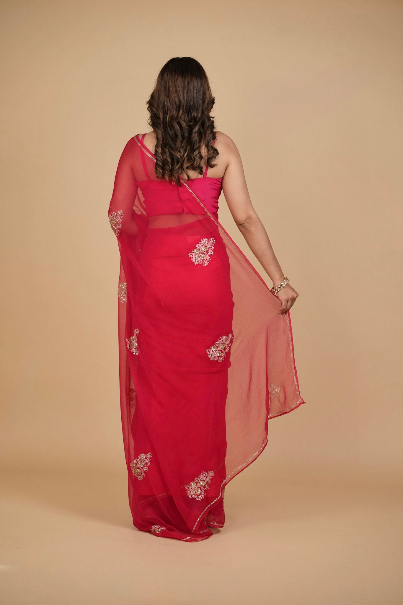 RASPBERRY PINK CHIFFON SAREE WITH HAND EMBROIDERED MOTIFS