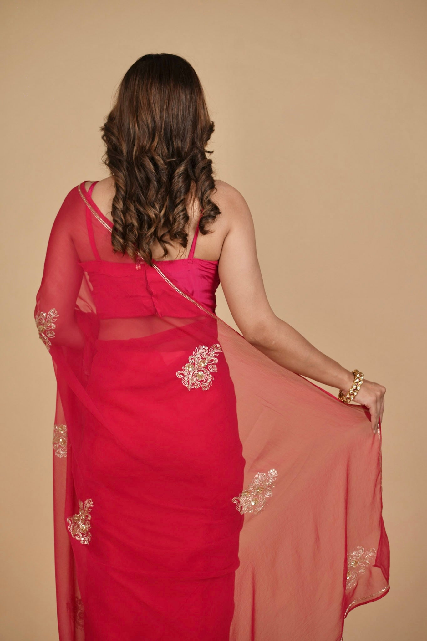 RASPBERRY PINK CHIFFON SAREE WITH HAND EMBROIDERED MOTIFS
