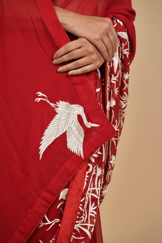 RED PURE GEORGETTE PARSI EMBROIDERED SAREE