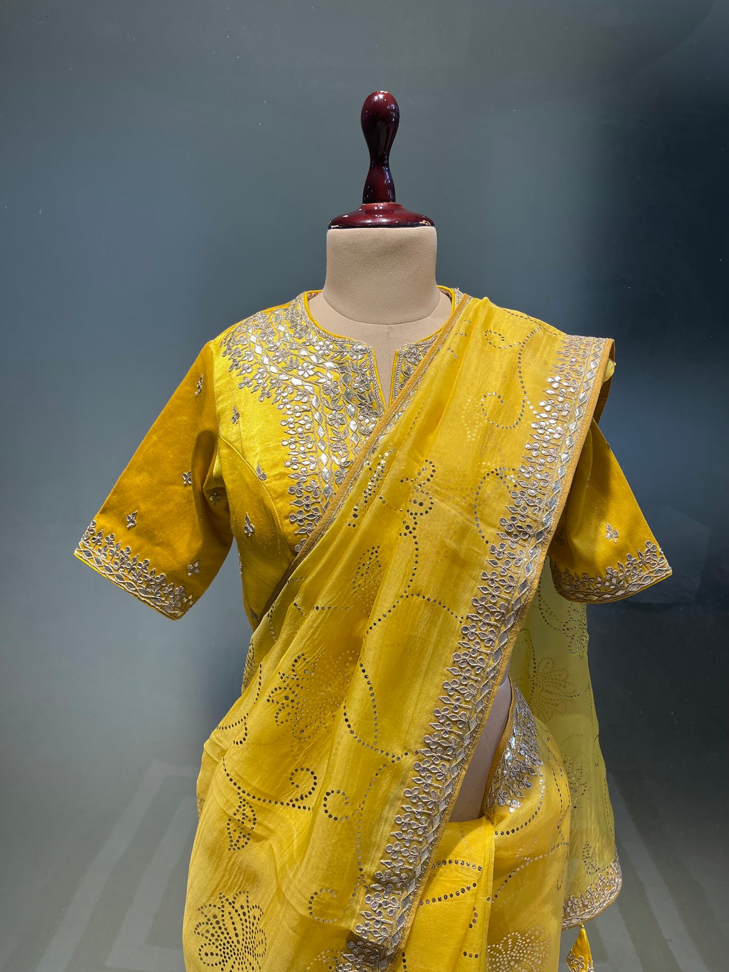 YELLOW COLOUR ORGANZA SAREE WITH READYMADE BLOUSE EMBELLISHED WITH GOTA PATTI & BADLA WORK