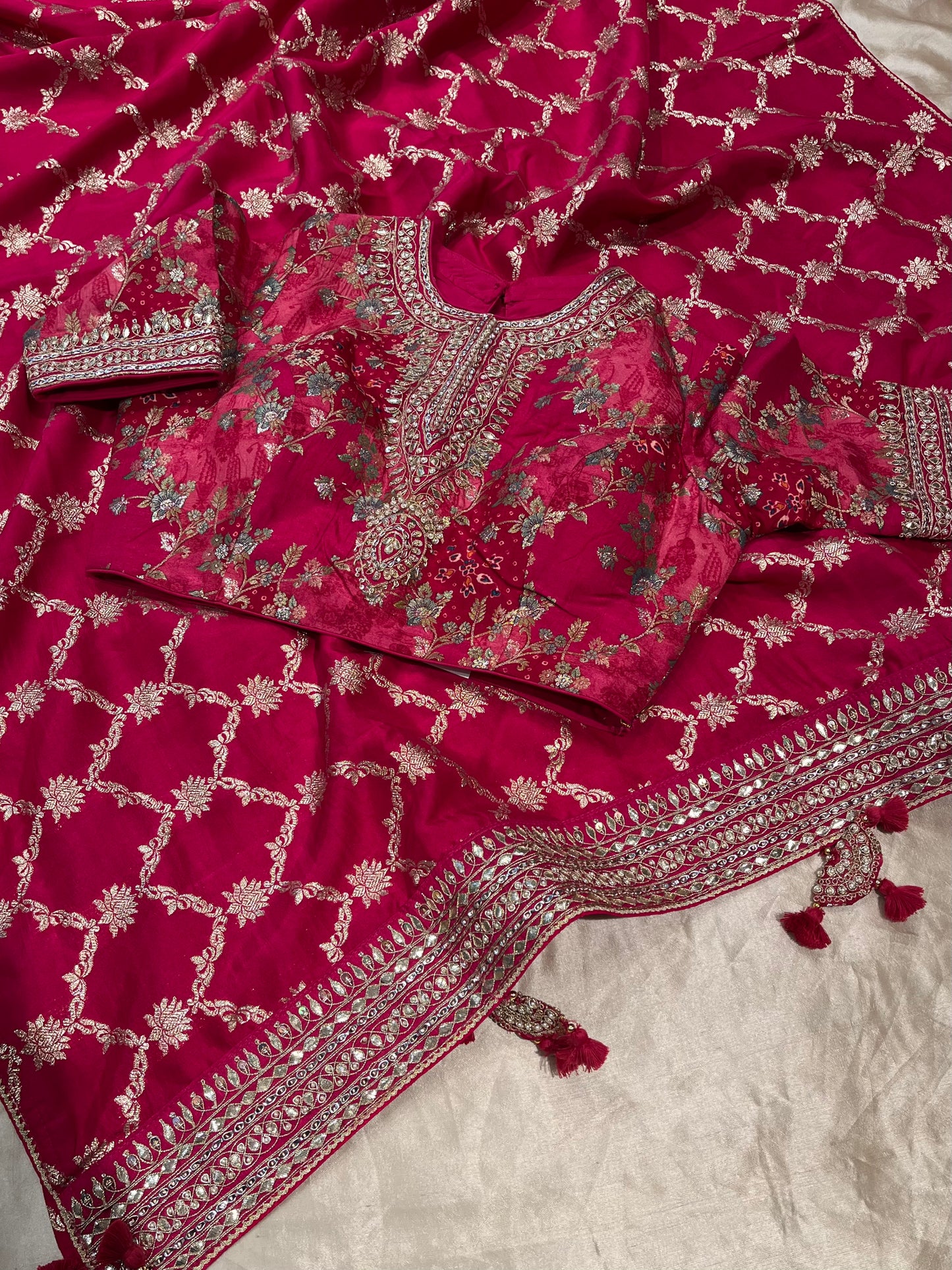 ( DELIVERY IN 20-25 DAYS ) HOT PINK COLOUR DOLA SILK SAREE WITH READYMADE BLOUSE EMBELLISHED WITH GOTA PATTI WORK