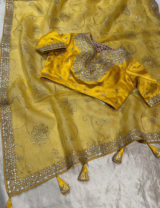 YELLOW COLOUR ORGANZA SAREE WITH READYMADE BLOUSE EMBELLISHED WITH GOTA PATTI & BADLA WORK