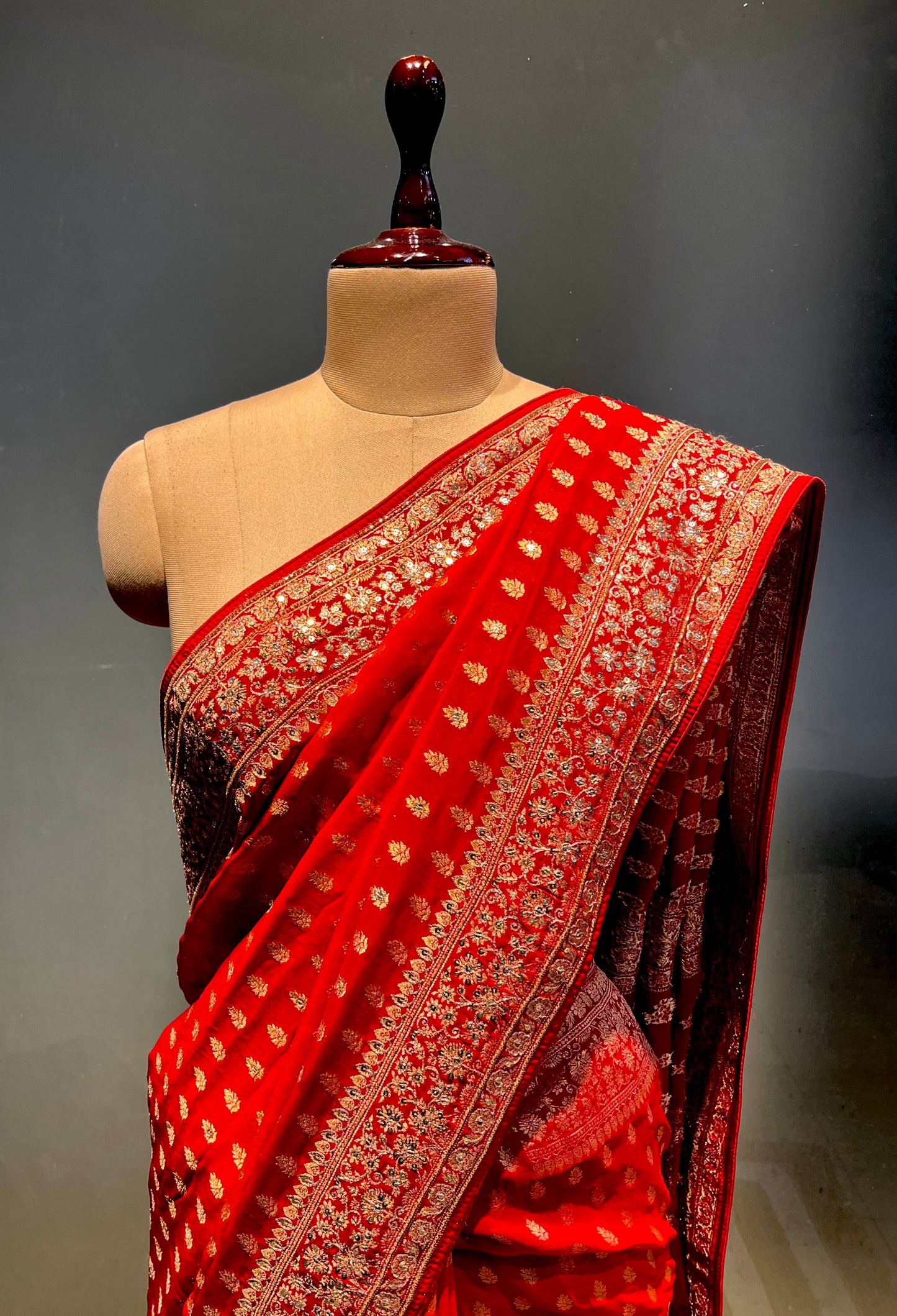 ORANGE SHADED GEORGETTE KHADDI SAREE EMBELLISHED EITH AARI & SEQUINS WORK