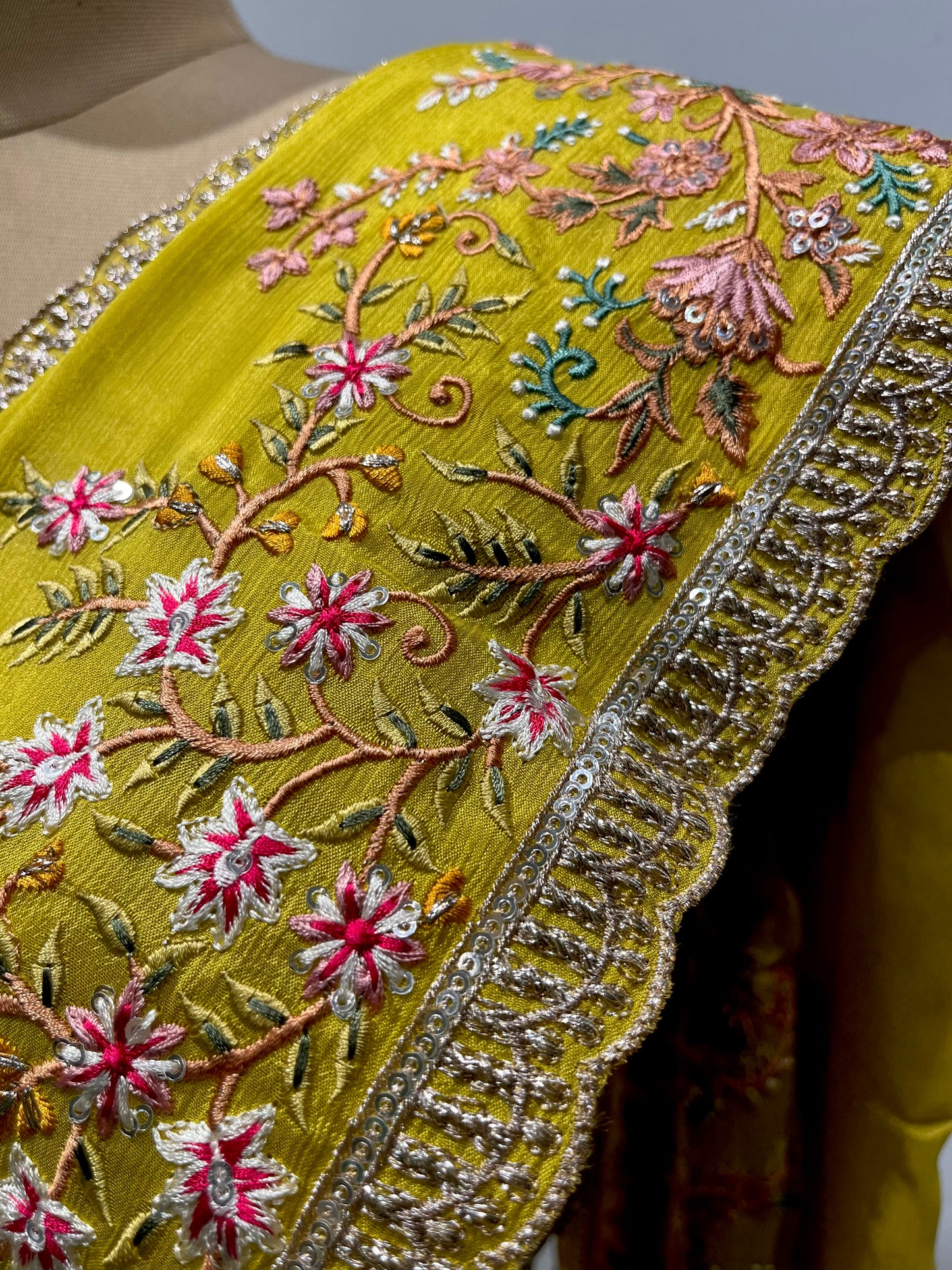 PARROT GREEN COLOUR CHINON READYMADE BLOUSE EMBROIDERMBELLISHED WITH RESHAM WORK ( INCLUDE UNSTITCHED BLOUSE )ED SAREE E