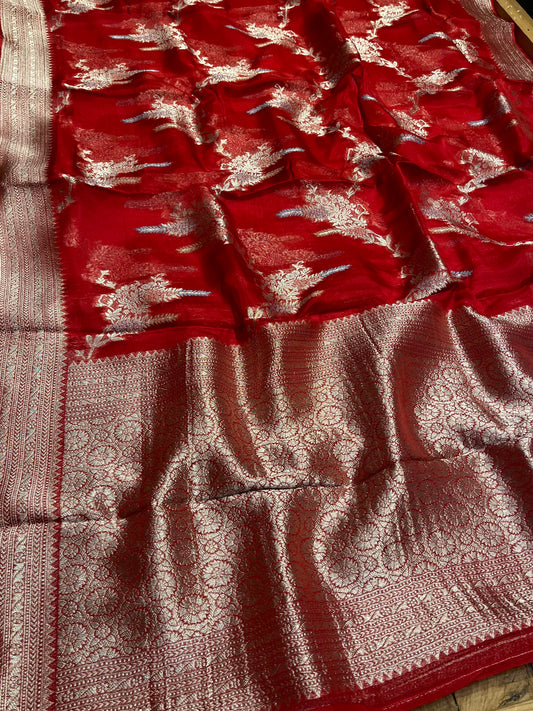 RED COLOUR ORGANZA SILK SAREE EMBELLISHED WITH ZARI WEAVES - Kothari Sons