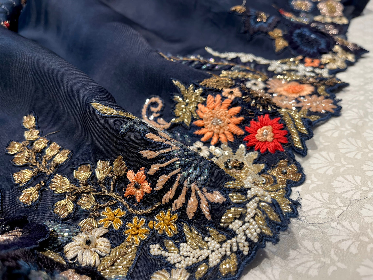 BLUE COLOUR PURE ORGANZA HAND EMBROIDERED SAREE EMBELLISHED WITH CUTDANA, PEARL & THREAD WORK