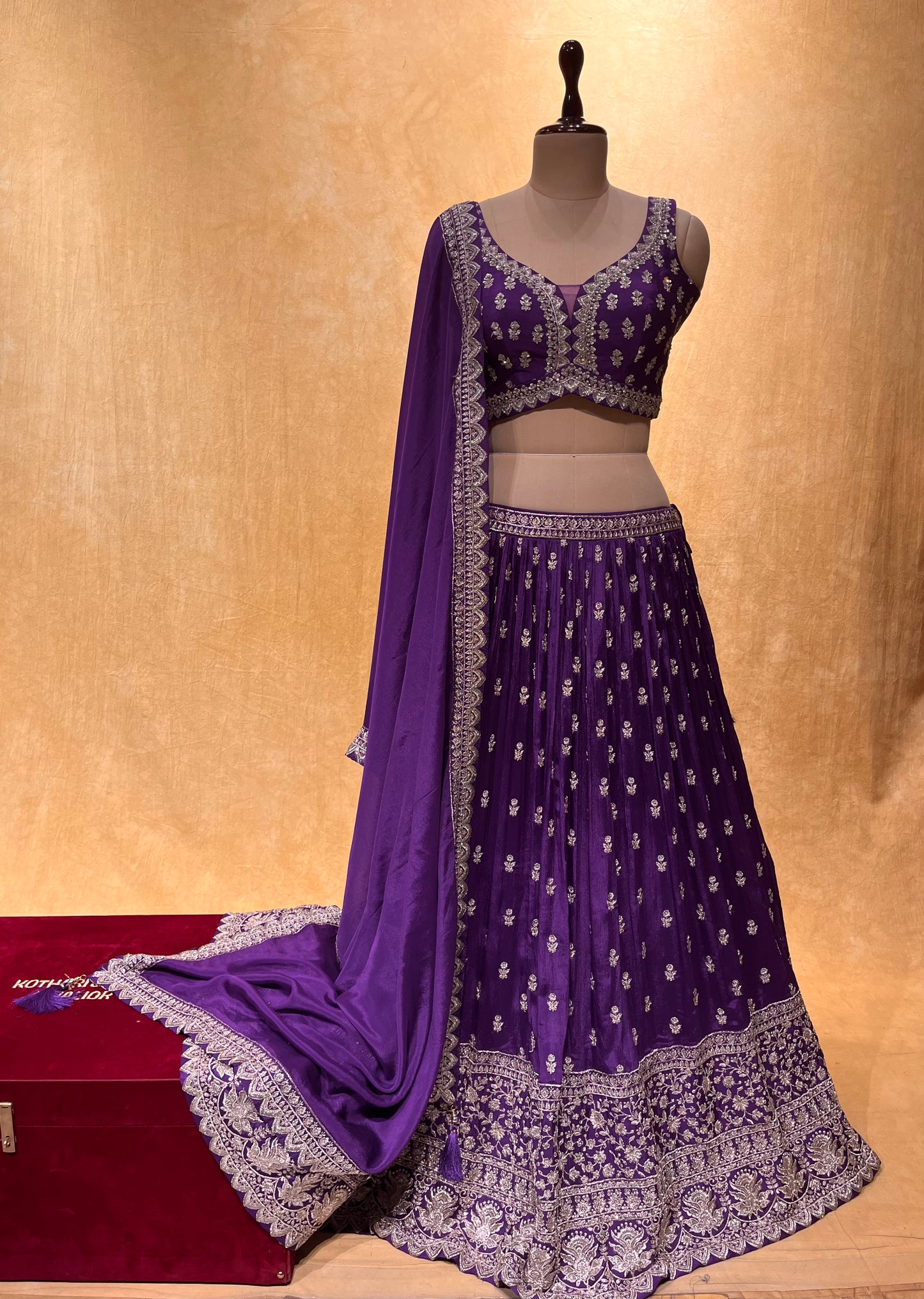 PURPLE COLOUR CHINON LEHENGA WITH CROP TOP BLOUSE EMBELLISHED WITH CUTDANA, SEQUINS & ZARI WORK