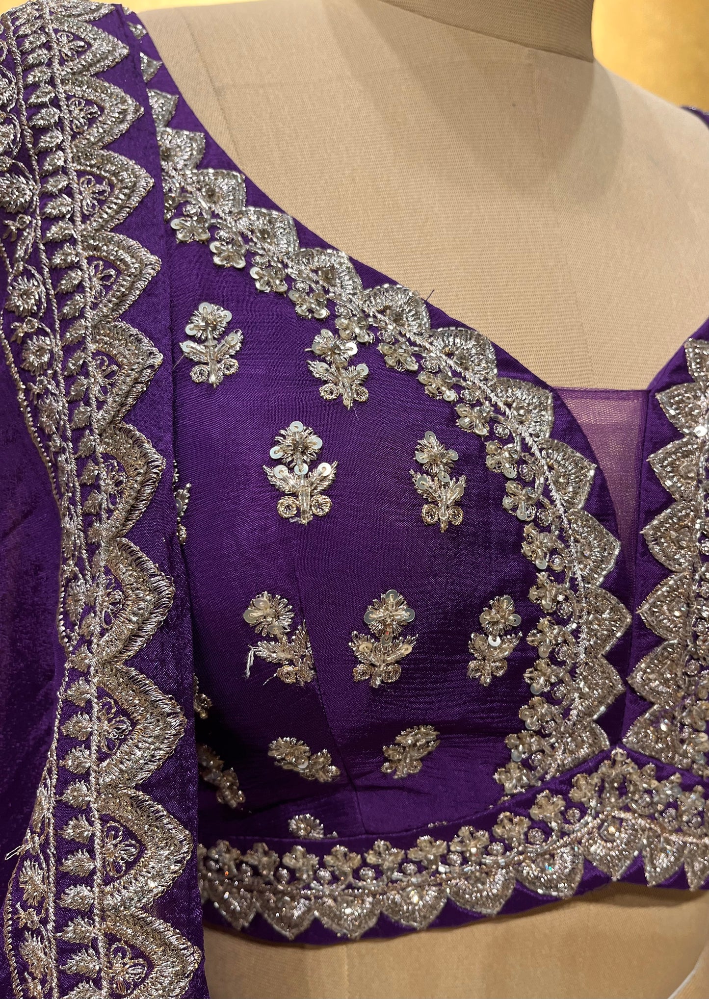 PURPLE COLOUR CHINON LEHENGA WITH CROP TOP BLOUSE EMBELLISHED WITH CUTDANA, SEQUINS & ZARI WORK