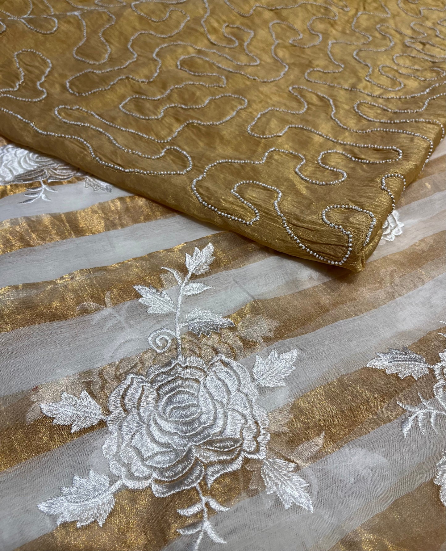 IVORY COLOUR CHANDERI GOLDEN STRIPED PARSI EMBROIDERED SAREE PAIRED WITH AN UNSTITCHED GOLDEN BLOUSE BY SIDDHAIKA - Kothari Sons