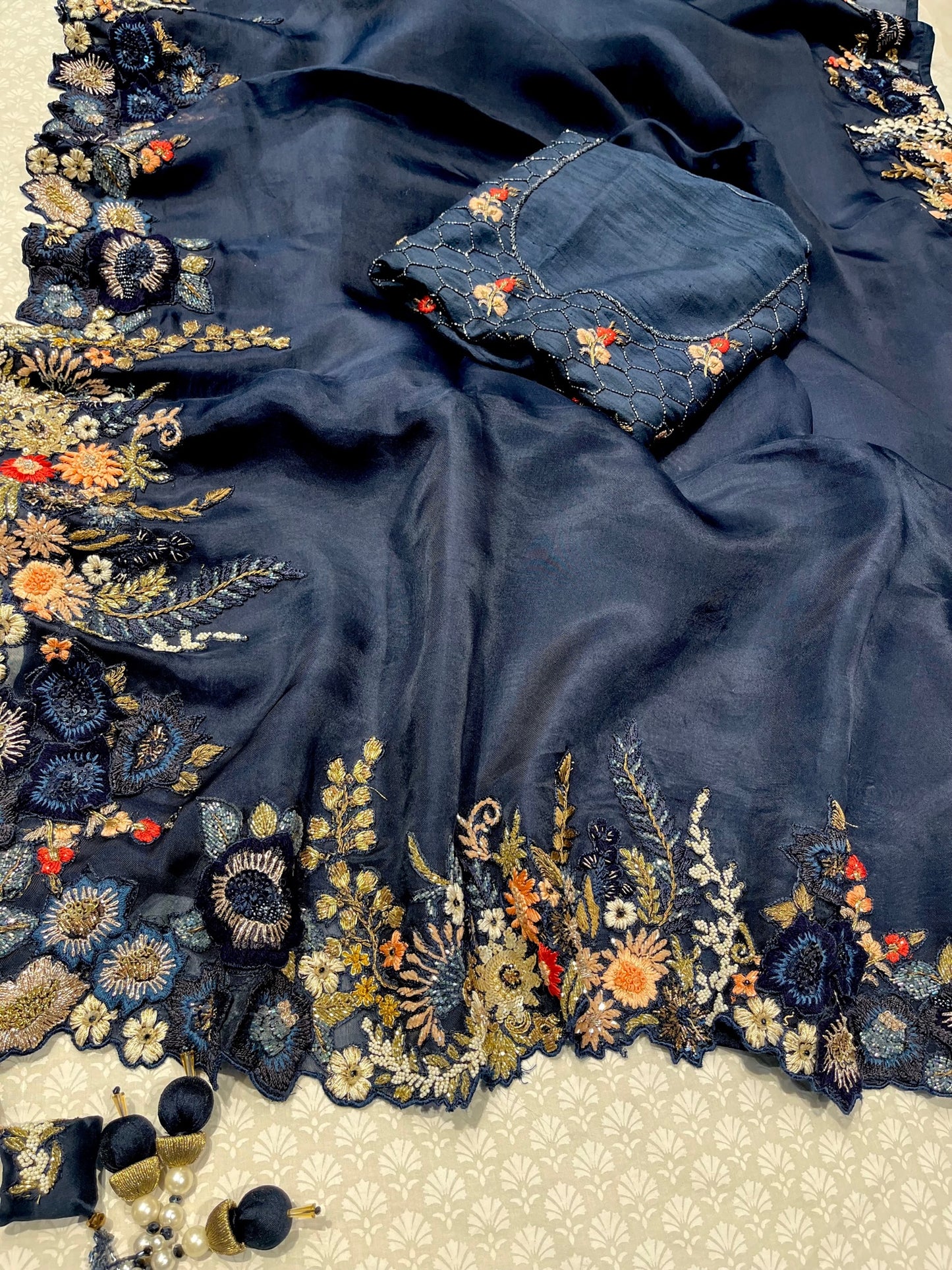 BLUE COLOUR PURE ORGANZA HAND EMBROIDERED SAREE EMBELLISHED WITH CUTDANA, PEARL & THREAD WORK