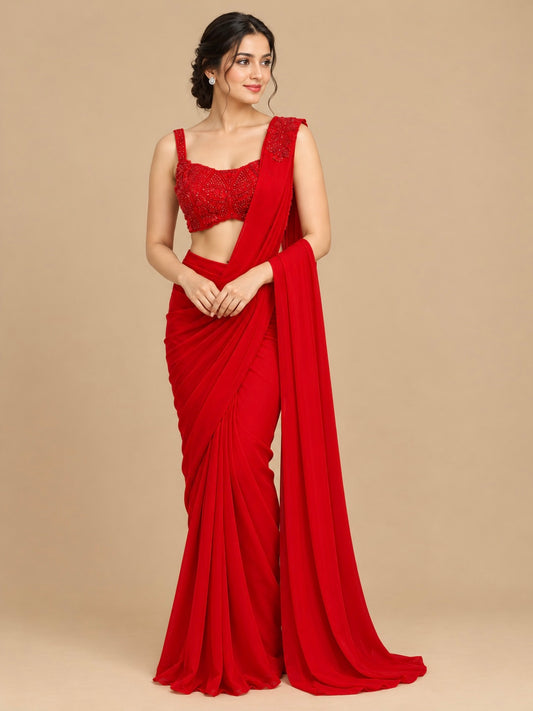 RED COLOUR CHINON READYMADE SAREE WITH SEQUINS & BEADS EMBROIDERED BLOUSE