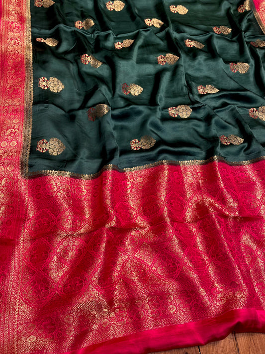 GREEN COLOUR SATIN SILK SAREE EMBELLISHED WITH ZARI WEAVES & CONTRAST BLOUSE - Kothari Sons