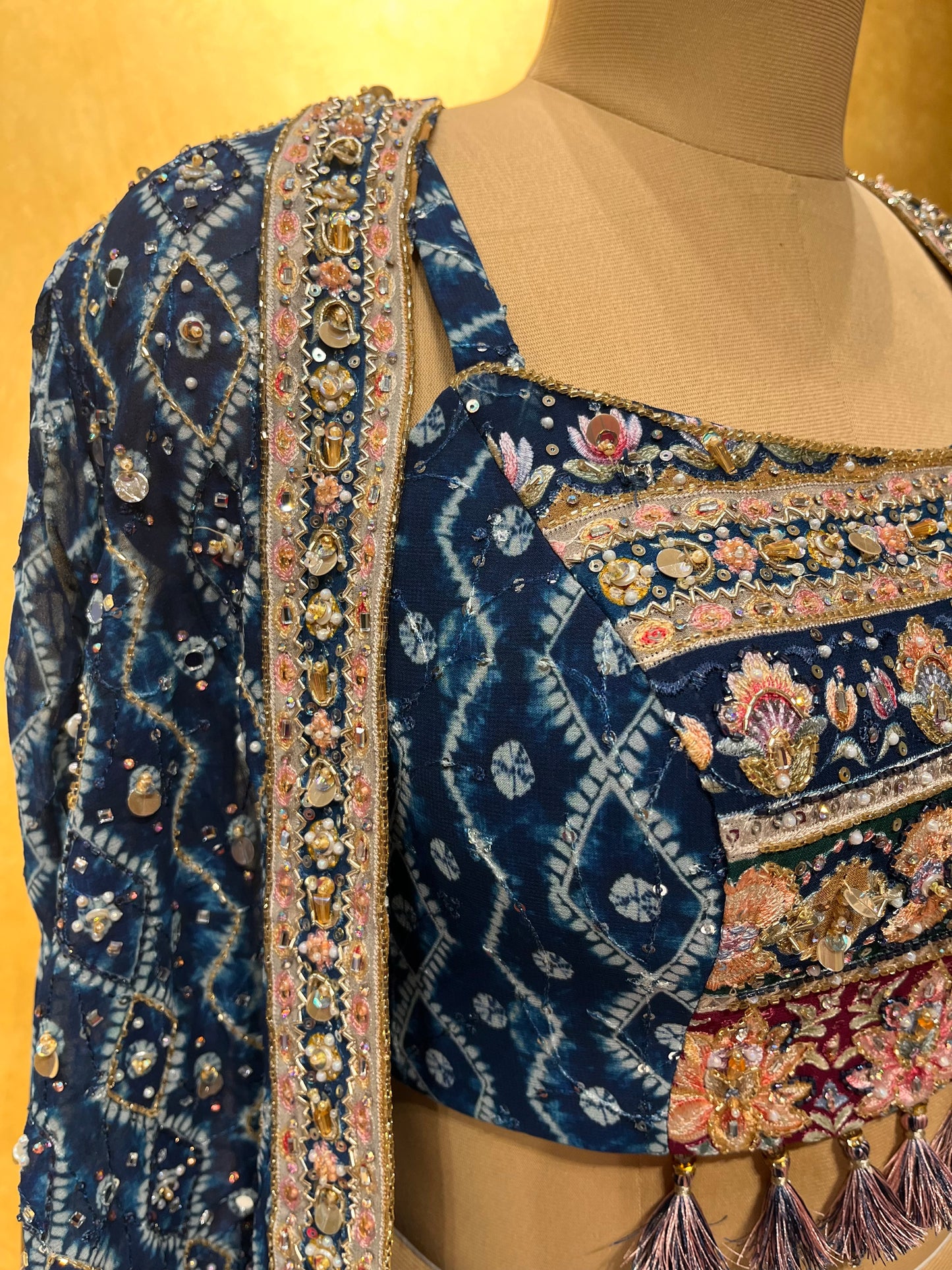 ( DELIVERY IN 25 DAYS ) BLUE COLOUR GEORGETTE SKIRT WITH CROP TOP BLOUSE & SHRUG EMBELLISHED WITH SEQUINS & BEADS WORK