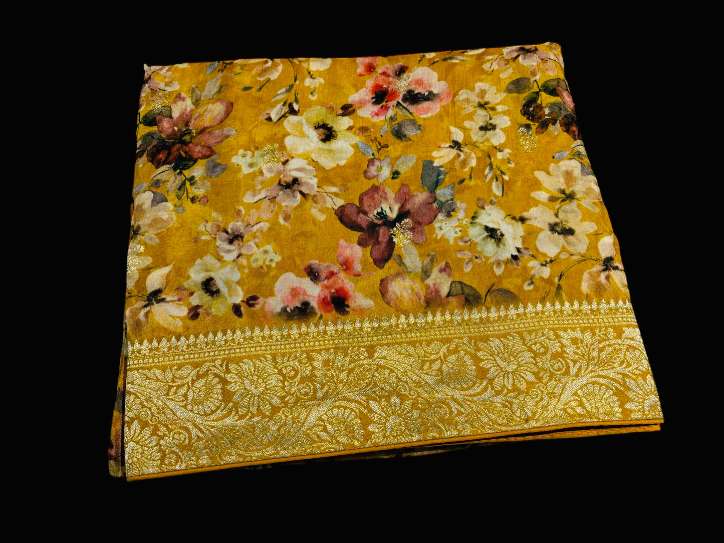 MUSTARD YELLOW PRINTED PLANT-BASED SILK SAREE WITH BANARASI ZARI BOOTIES AND HEAVY PALLA