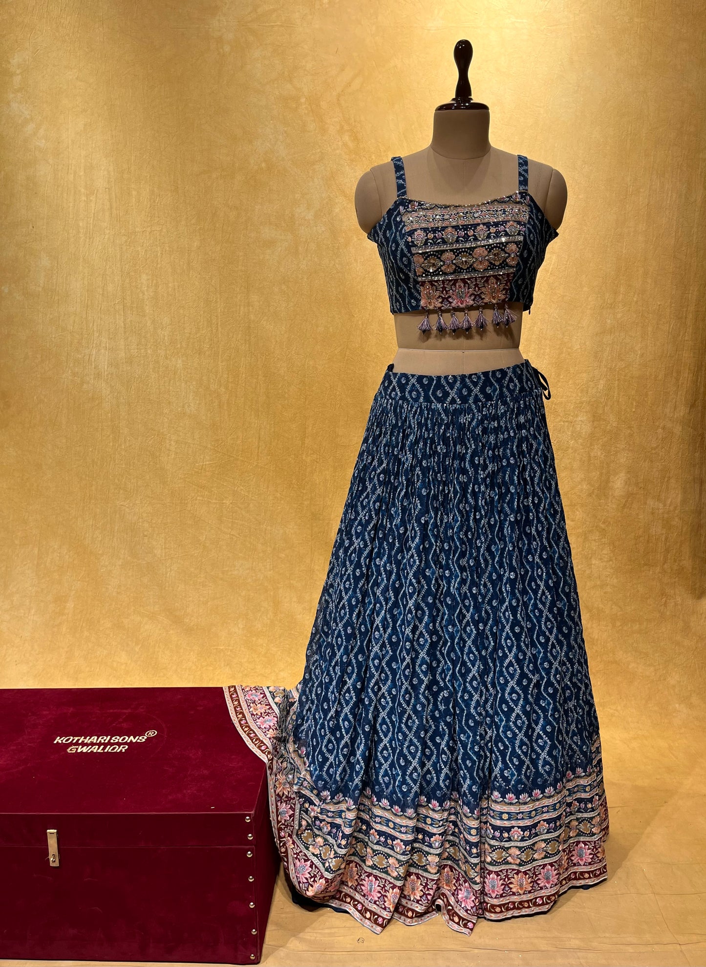 ( DELIVERY IN 25 DAYS ) BLUE COLOUR GEORGETTE SKIRT WITH CROP TOP BLOUSE & SHRUG EMBELLISHED WITH SEQUINS & BEADS WORK