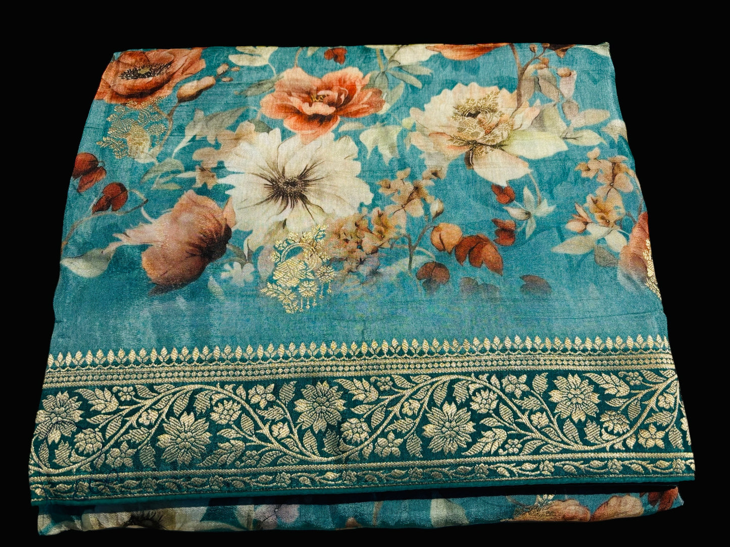 DUSTY TEAL BLUE COLOUR PRINTED PLANT-BASED SILK SAREE WITH BANARASI ZARI BOOTIES AND HEAVY PALLA