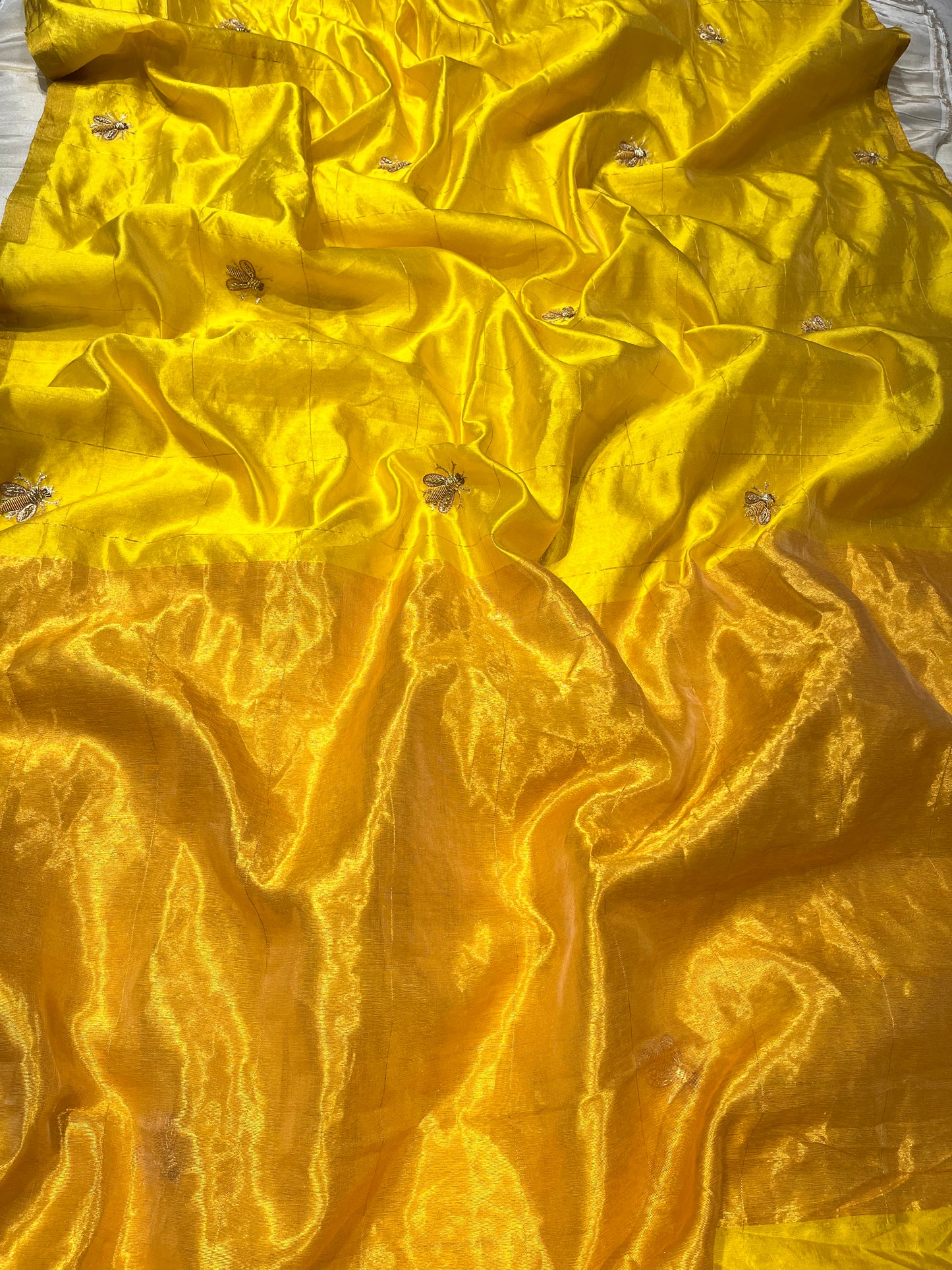 ( DELIVERY IN 25 DAYS ) YELLOW COLOUR PURE CHANDERI PATTU SILK HAND EMBROIDERED HANDLOOM SAREE EMBELLISHED WITH ZARDOSI WORK