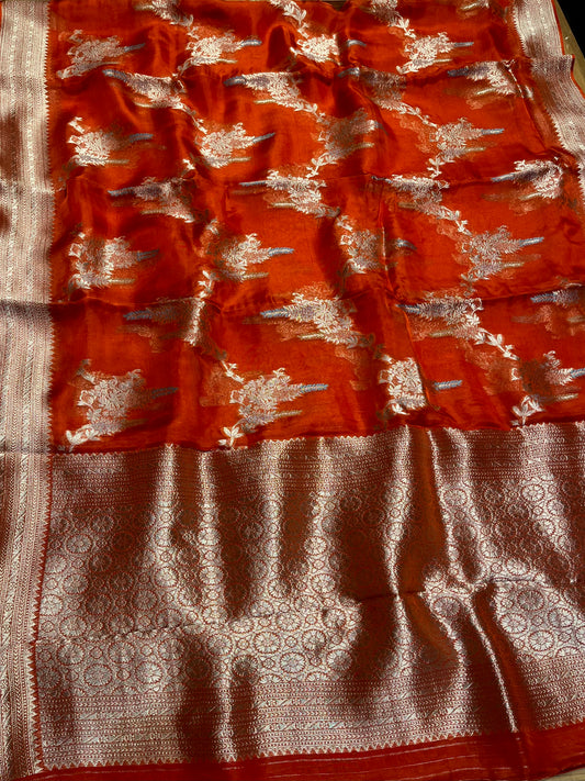 ORANGE COLOUR ORGANZA SILK SAREE EMBELLISHED WITH ZARI WEAVES - Kothari Sons