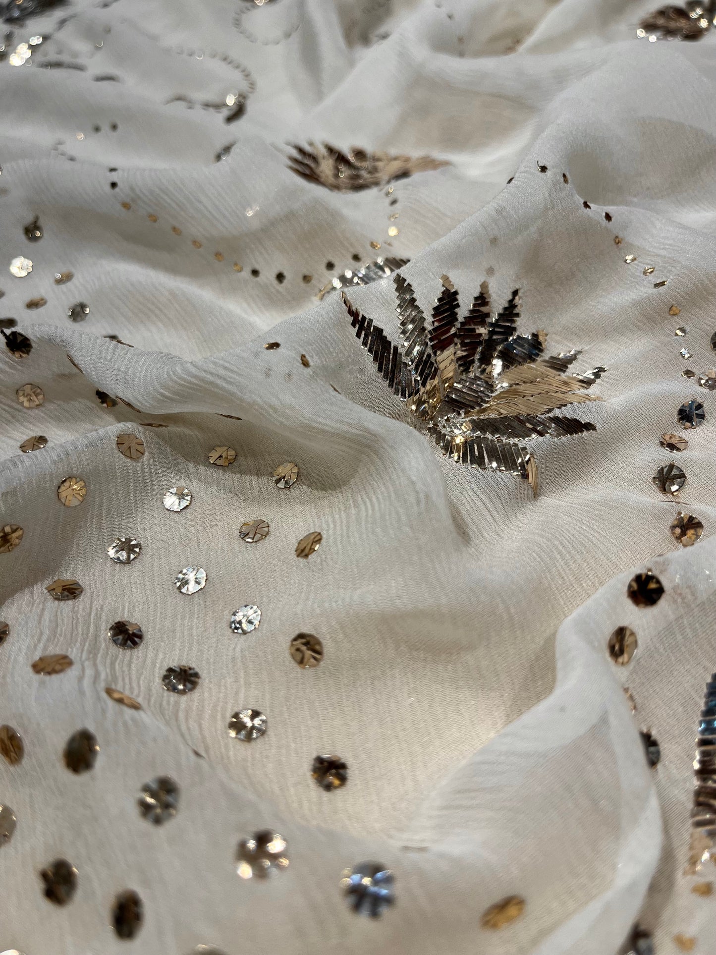 (Deliver in 35 Days) DYEABLE PURE CHIFFON MUKAISH / BADLA WORK SAREE