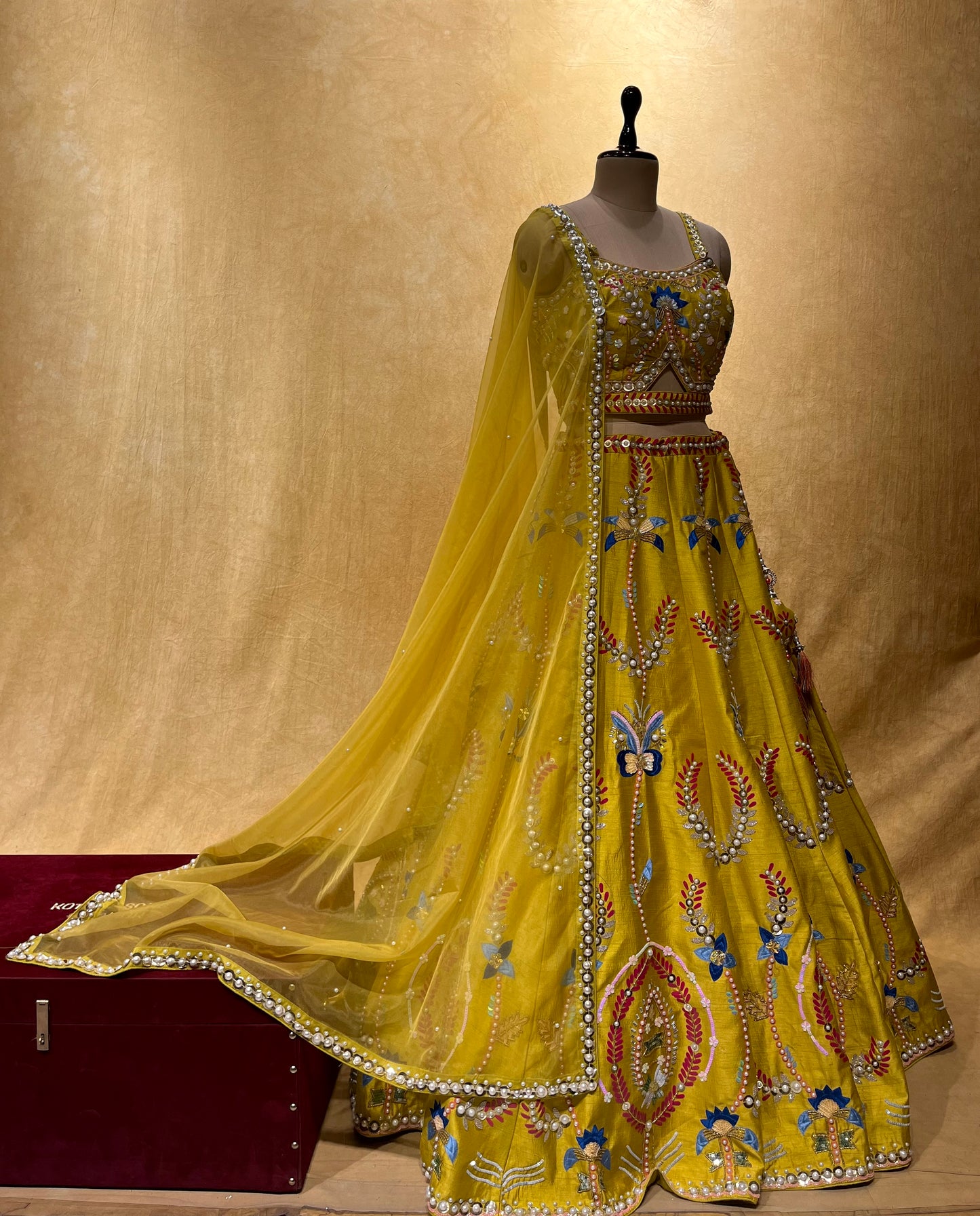 GREEN COLOUR SILK LEHENGA WITH CROP TOP BLOUSE & ORGANZA DUPATTA EMBELLISHED WITH PEARL, SEQUINS & RESHAM WORK
