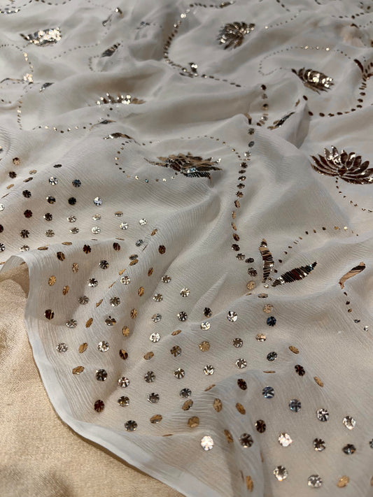 (Deliver in 35 Days) DYEABLE PURE CHIFFON MUKAISH / BADLA WORK SAREE