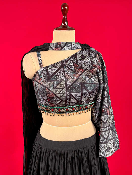 BLACK COLOUR SKIRT WITH CROP TOP EMBELLISHED WITH SEQUINS WORK