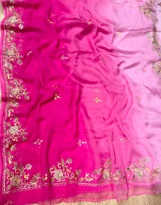 ( DELIVERY IN 30 DAYS )PINK COLOUR CHIFFON EMBROIDERED SAREE EMBELLISHED WITH KARDHANA & AARI WORK