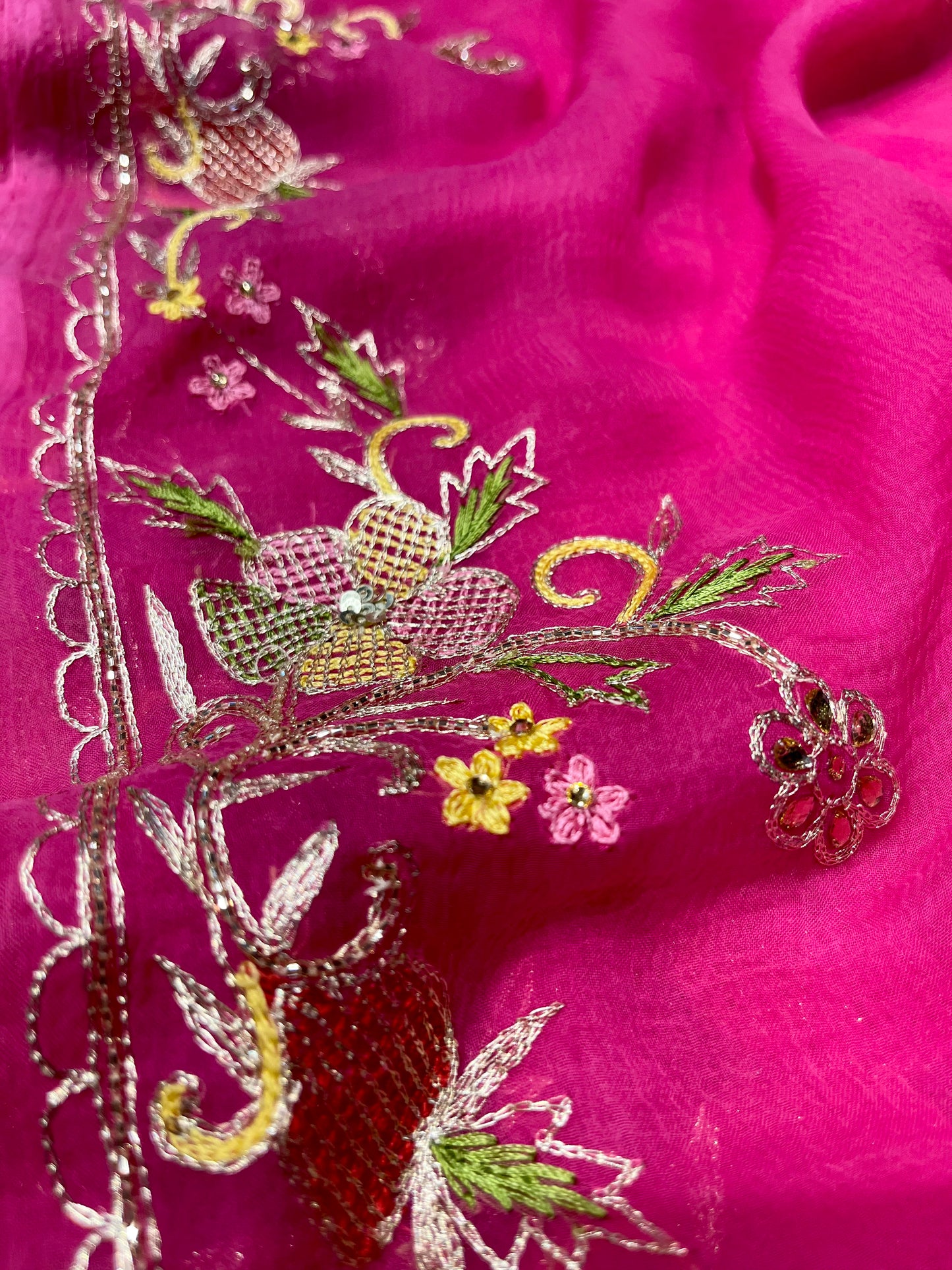 ( DELIVERY IN 30 DAYS )PINK COLOUR CHIFFON EMBROIDERED SAREE EMBELLISHED WITH KARDHANA & AARI WORK