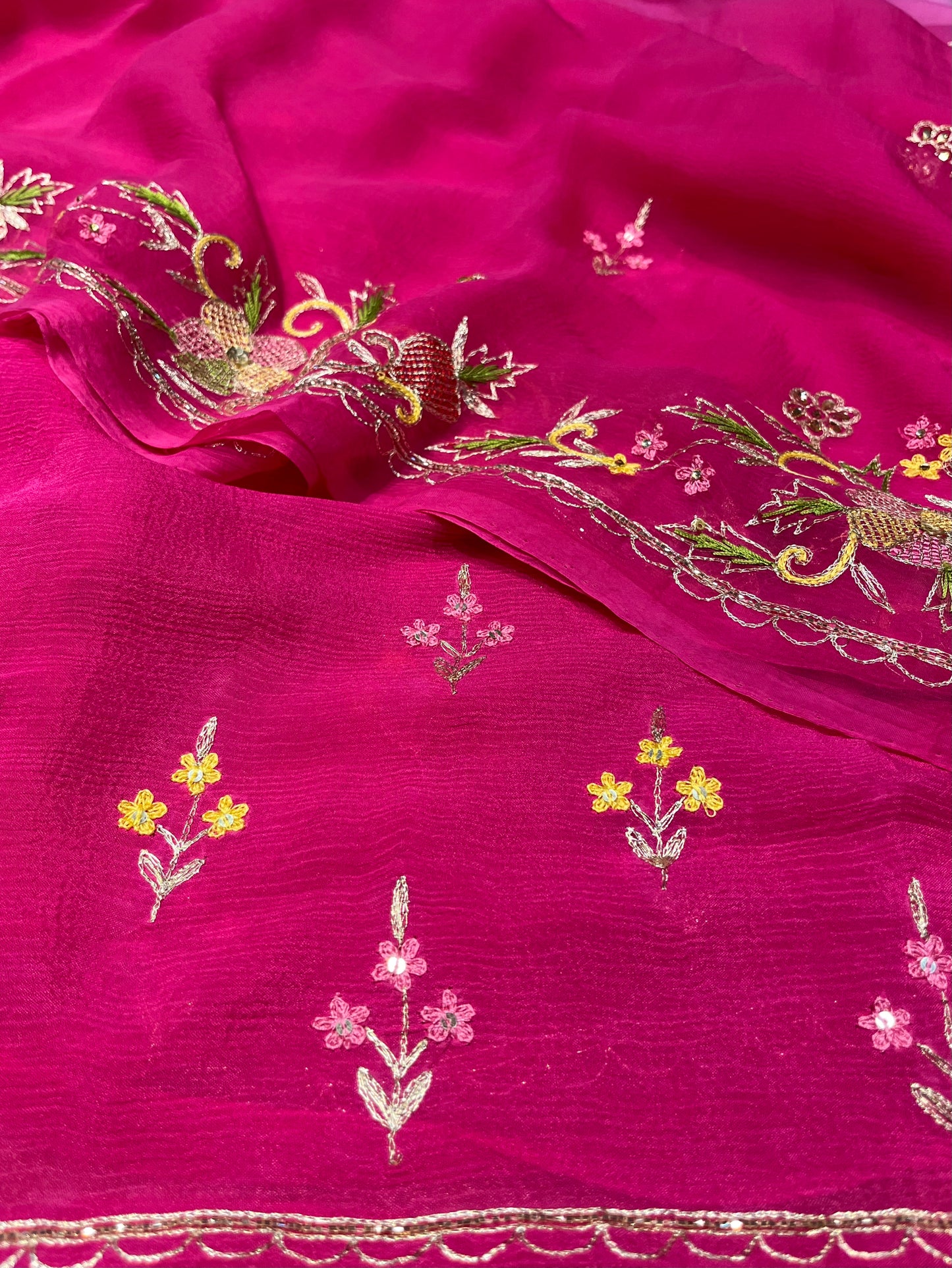( DELIVERY IN 30 DAYS )PINK COLOUR CHIFFON EMBROIDERED SAREE EMBELLISHED WITH KARDHANA & AARI WORK