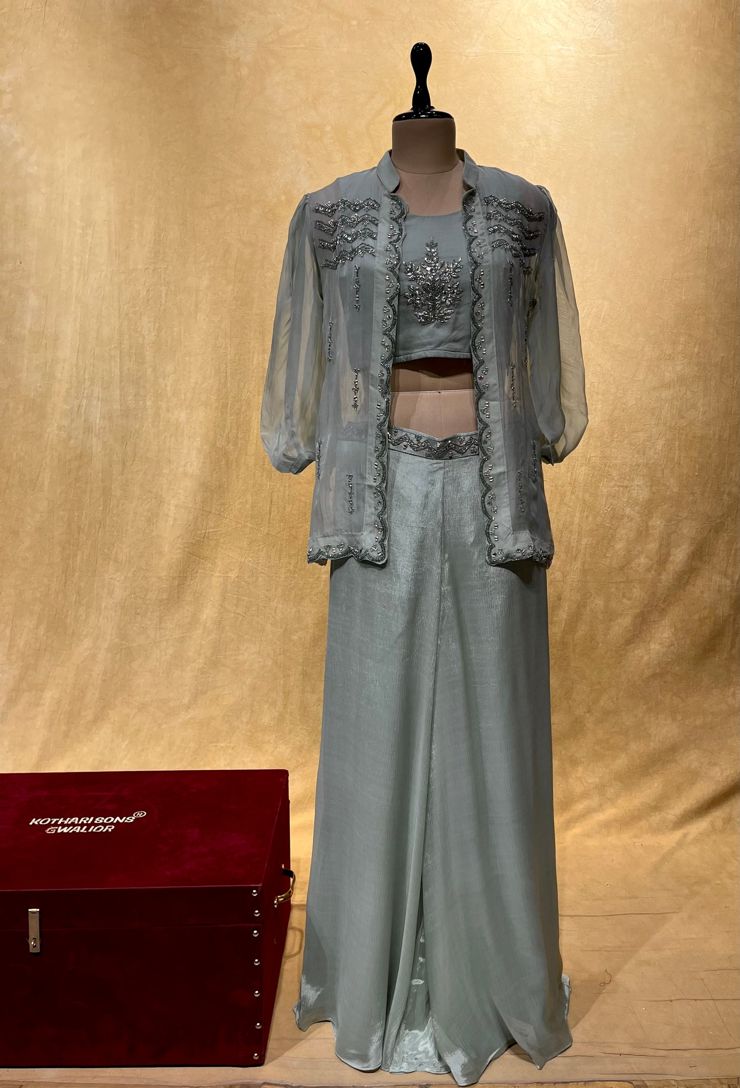 PASTEL PISTA COLOUR CHINON PALAZZO PANT WITH CROP TOP BLOUSE & ORGANZA SHRUG EMBELLISHED WITH ZARDOSI & PEARL WORK