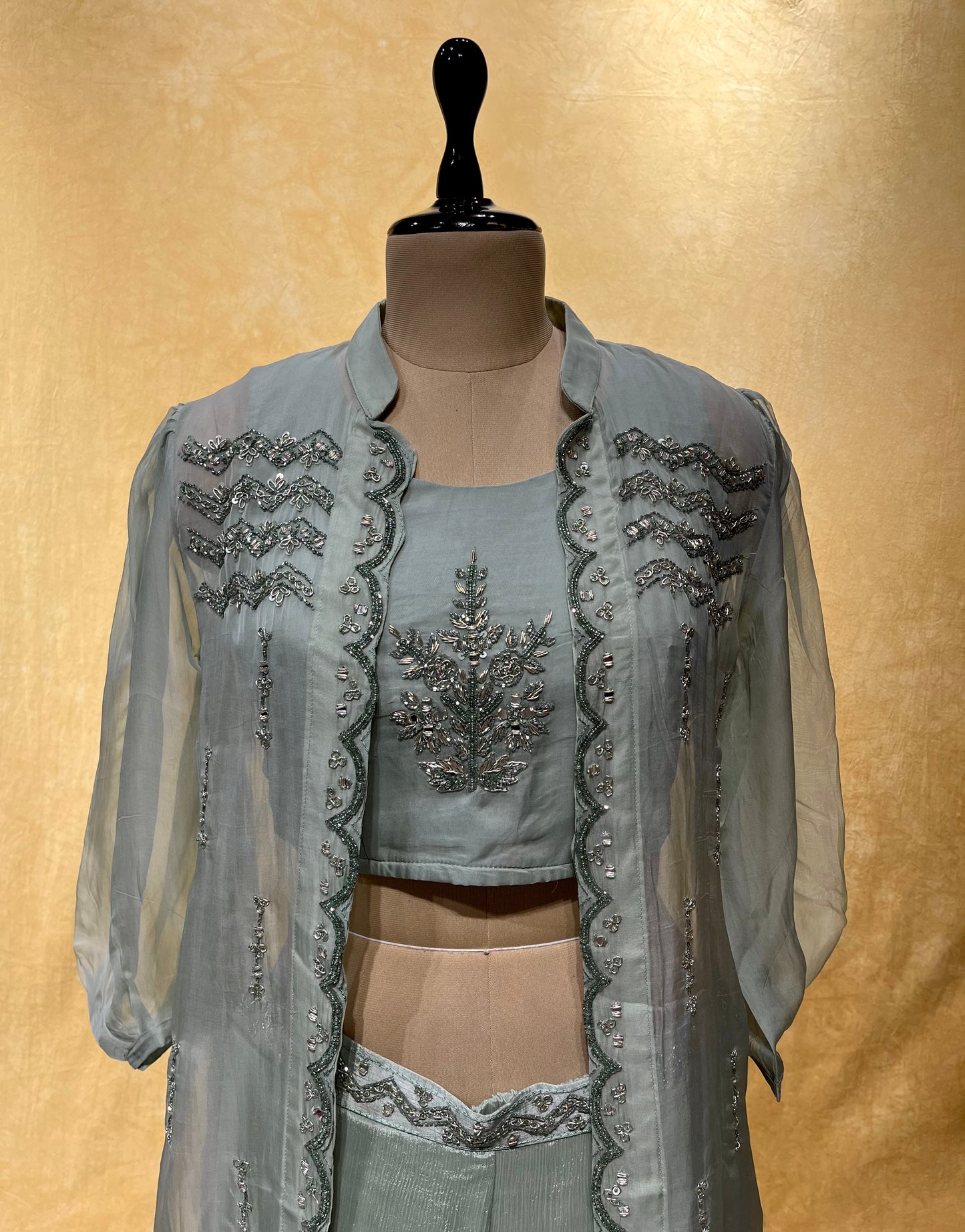 PASTEL PISTA COLOUR CHINON PALAZZO PANT WITH CROP TOP BLOUSE & ORGANZA SHRUG EMBELLISHED WITH ZARDOSI & PEARL WORK