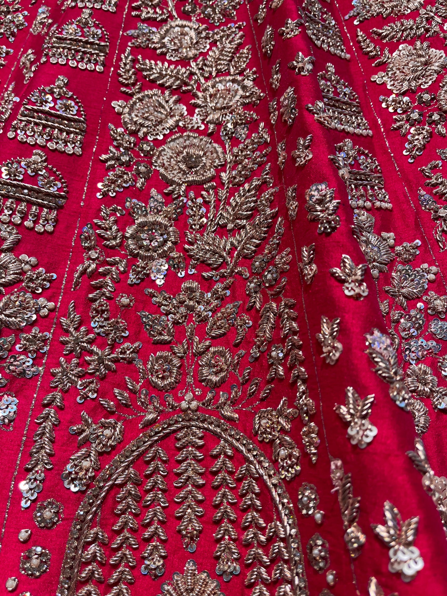 RANI COLOUR BRIDAL HAND EMBROIDERED LEHENGA WITH UNSTITCHED BLOUSE & ORGANZA DUPATTA EMBELLISHED WITH ZARDOZI WORK (Delivere in 30 Days)