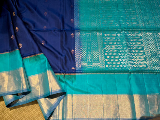 BLUE COLOUR PURE DHARMAVARAM SILK SAREE WITH CONTRAST BORDER & PALLA EMBELLISHED WITH ZARI WEAVES