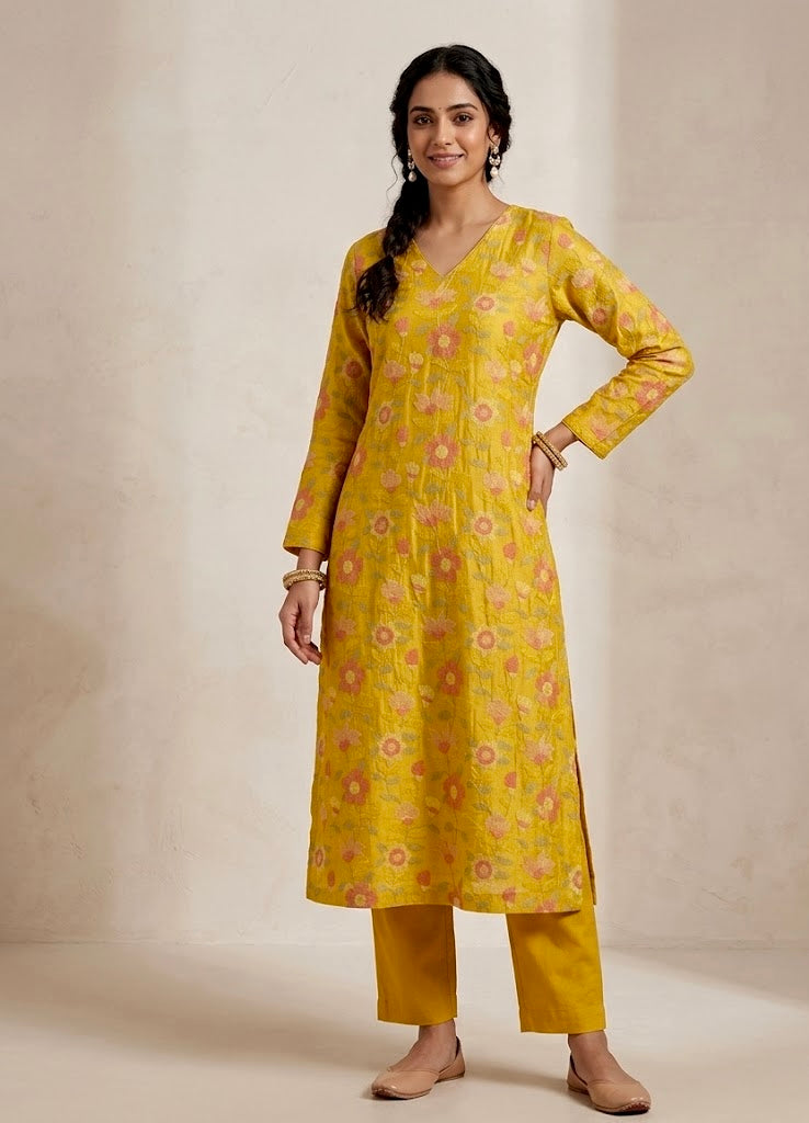 MUSTARD COLOUR MUL CHANDERI EMBROIDERED UNSTITCHED CO-ORD SET EMBELLISHED WITH RESHAM WORK & COTTON BOTTOM EMBROIDERY BY SIDDHAIKA - Kothari Sons