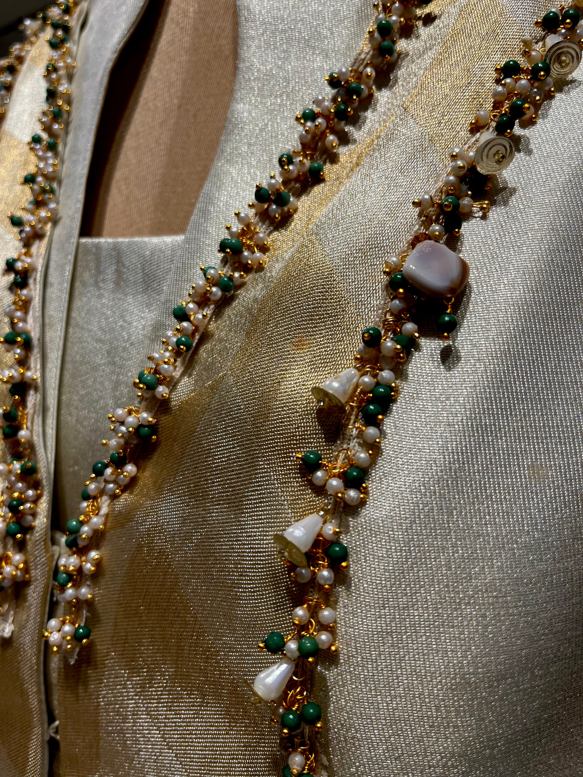OFF WHITE SILK HIGH-LOW INDOWESTERN TALL DRESS EMBELLISHED WITH BEADS WORK ( PANT WITH CROP TOP BLOUSE & SHRUG )