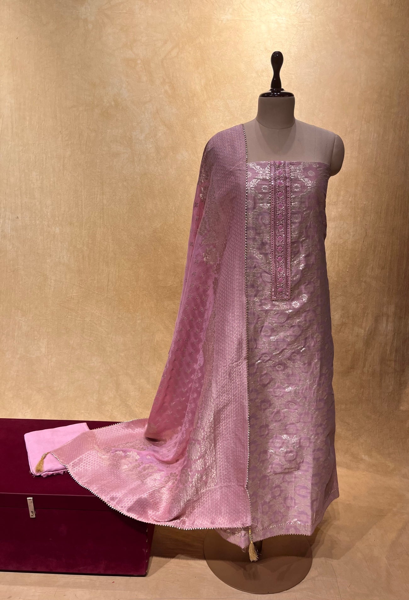 PINK COLOUR BANARASI SILK UNSTITCHED SUIT