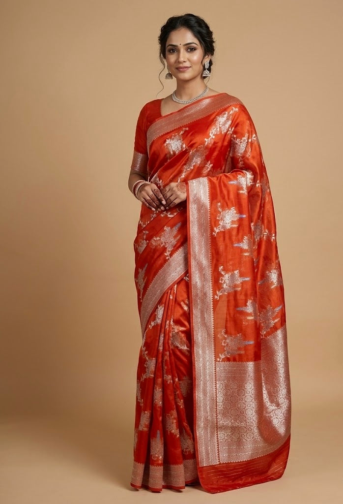 ORANGE COLOUR ORGANZA SILK SAREE EMBELLISHED WITH ZARI WEAVES - Kothari Sons