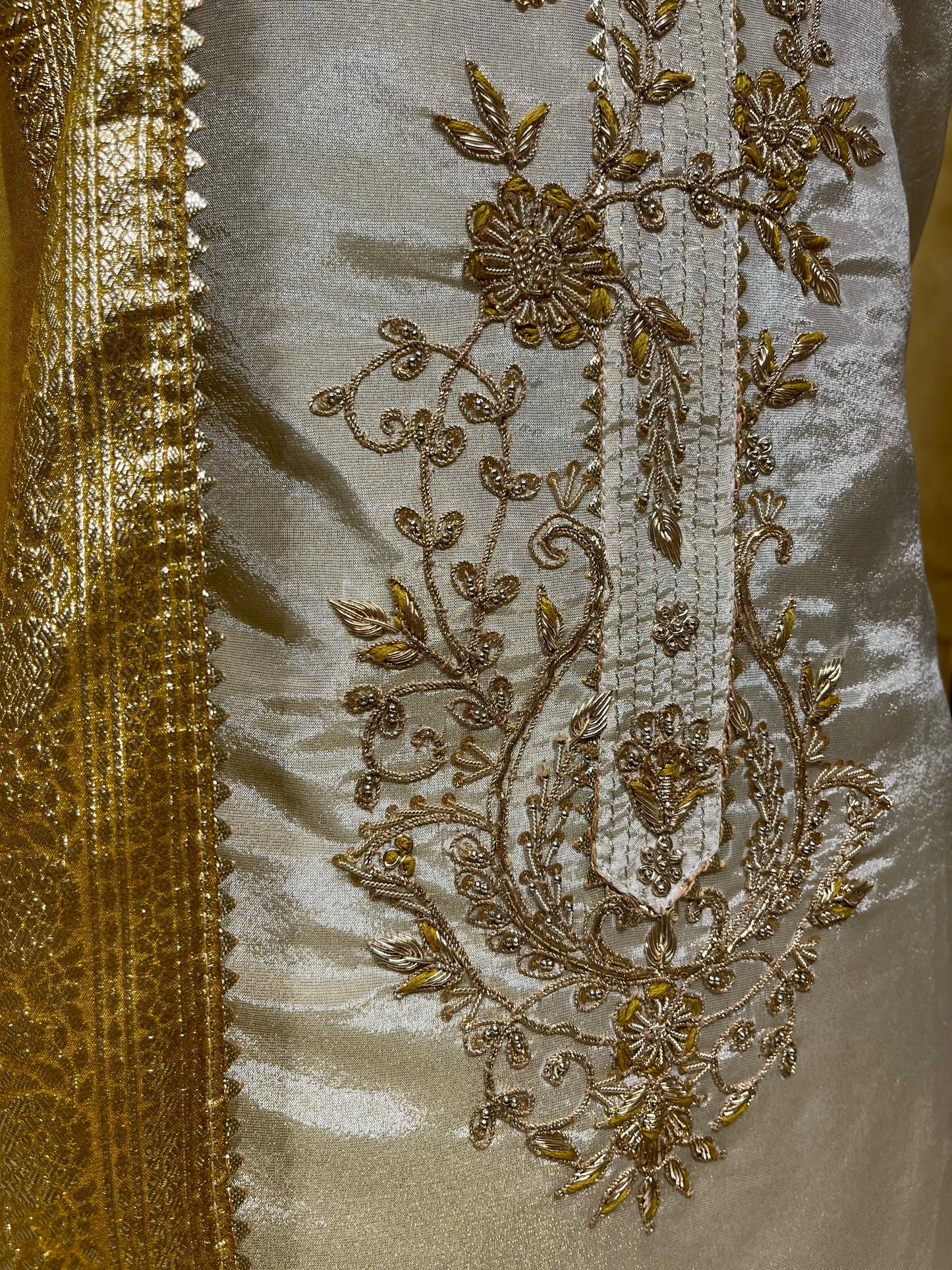 OFF WHITE COLOR GEORGETTE TISSUE UNSTITCHED SUIT WITH CONTRAST ORGANZA DUPATTA EMBELLISHED WITH ZARDOZI WORK
