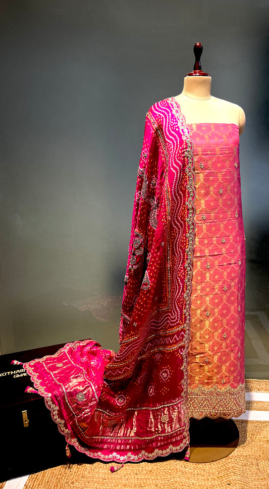 PINK COLOUR PURE GEORGETTE TISSUE UNSTITCHED SUIT WITH BANDHANI GAJI SILK DUPATTA EMBELLISHED WITH GOTA PATTI WORK