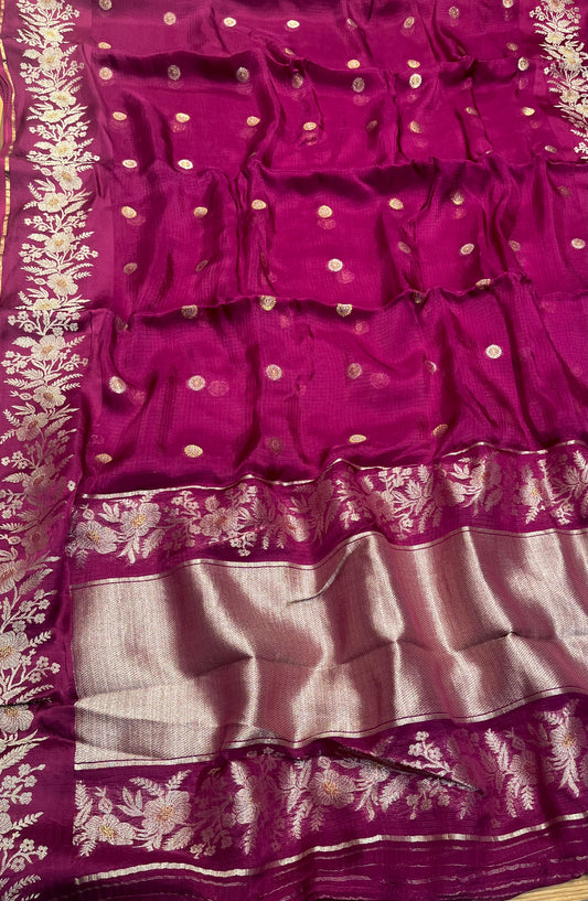 WINE COLOUR PURE KOTA DORIA SAREE EMBELLISHED WITH ZARI BORDER & BUTTI - Kothari Sons