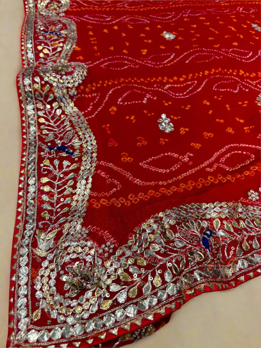 RED PURE OJARIYA BANDHANI SAREE WITH GOTA PATTI & ZARDOZI EMBROIDERED BORDER