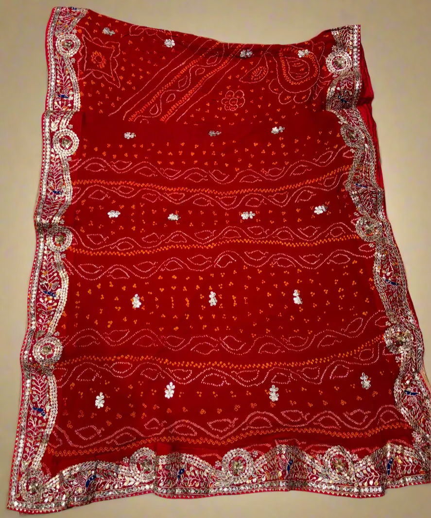 RED PURE OJARIYA BANDHANI SAREE WITH GOTA PATTI & ZARDOZI EMBROIDERED BORDER