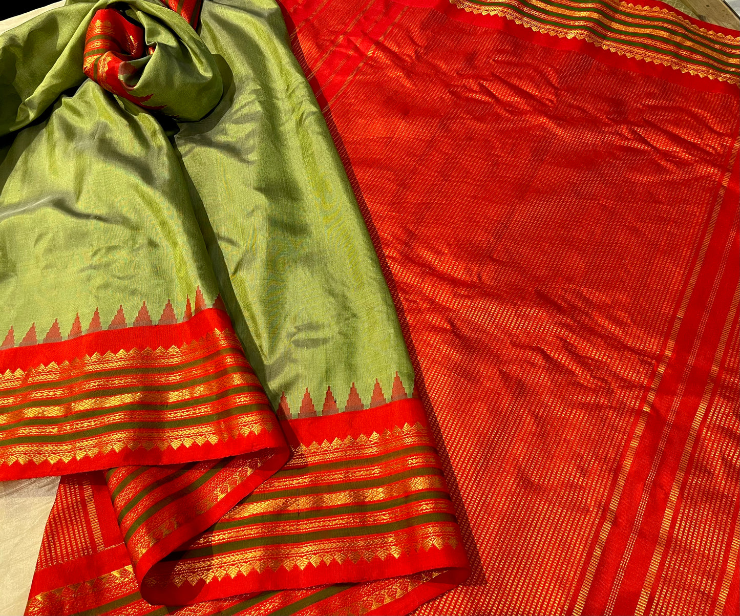 PISTA GREEN COLOR PURE GADWAL SILK SAREE WITH CONTRAST BORDER & PALLA EMBELLISHED WITH ZARI WEAVES
