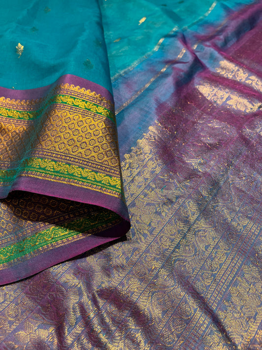 TURQUOISE COLOUR PURE GADWAL SILK SAREE EMBELLISHED WITH ZARI WEAVES