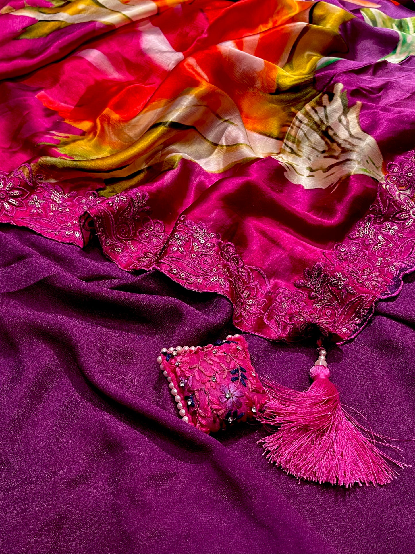 PURPLE CHINON SATIN PRINTED SAREE WITH RESHAM EMBROIDERED BORDER