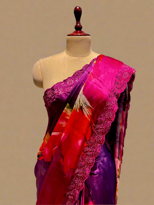 PURPLE CHINON SATIN PRINTED SAREE WITH RESHAM EMBROIDERED BORDER