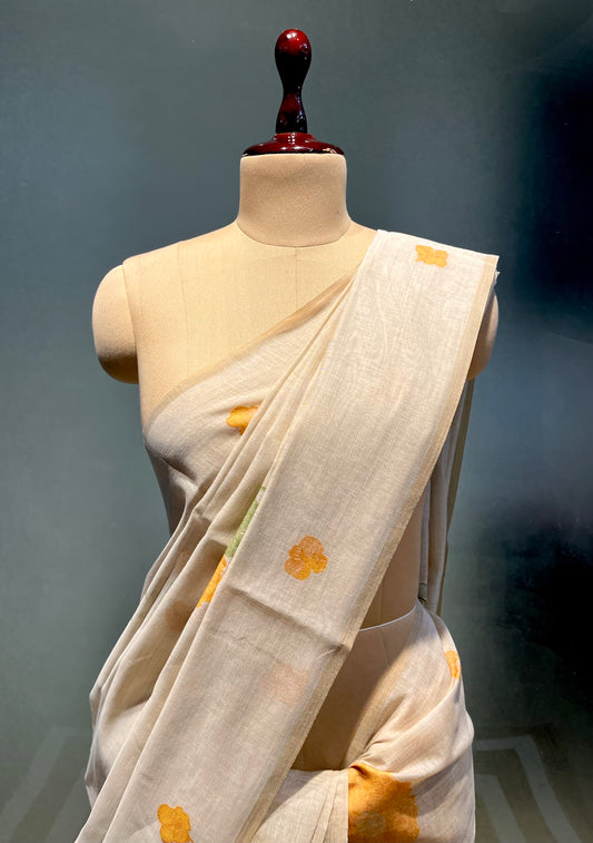 BEIGE COLOUR MUSLIN JAMDANI SAREE WITH MISTARD BLOUSE