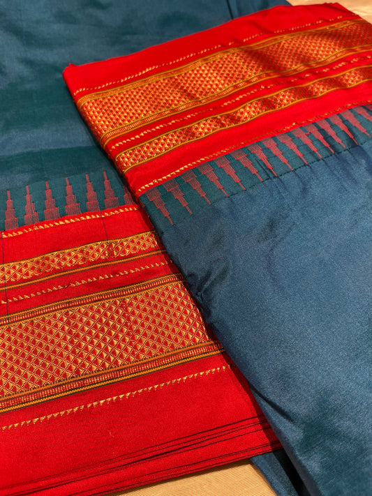 BLUE COLOUR PURE GADWAL SILK SAREE WITH CONTRAST BORDER EMBELLISHED WITH ZARI WEAVES