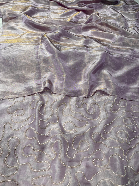 LILAC COLOUR GEORGETTE TISSUE SAREE WITH PEARL WORK UNSTITCHED BLOUSE BY SIDDHAIKA - Kothari Sons