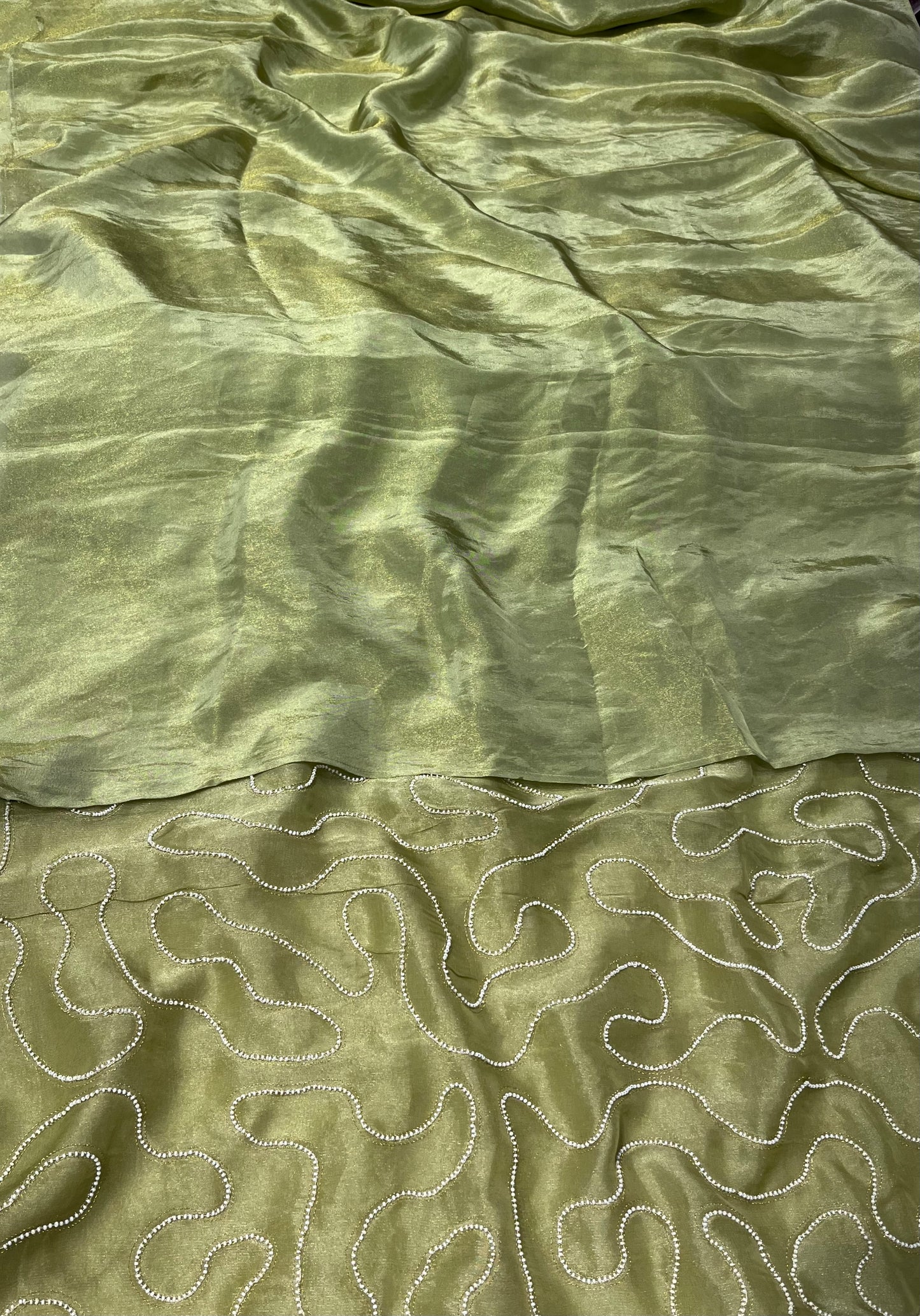 PISTA GREEN COLOUR TISSUE GEORGETTE SAREE WITH PEARL EMBROIDERED UNSTITCHED BLOUSE BY SIDDHAIKA - Kothari Sons